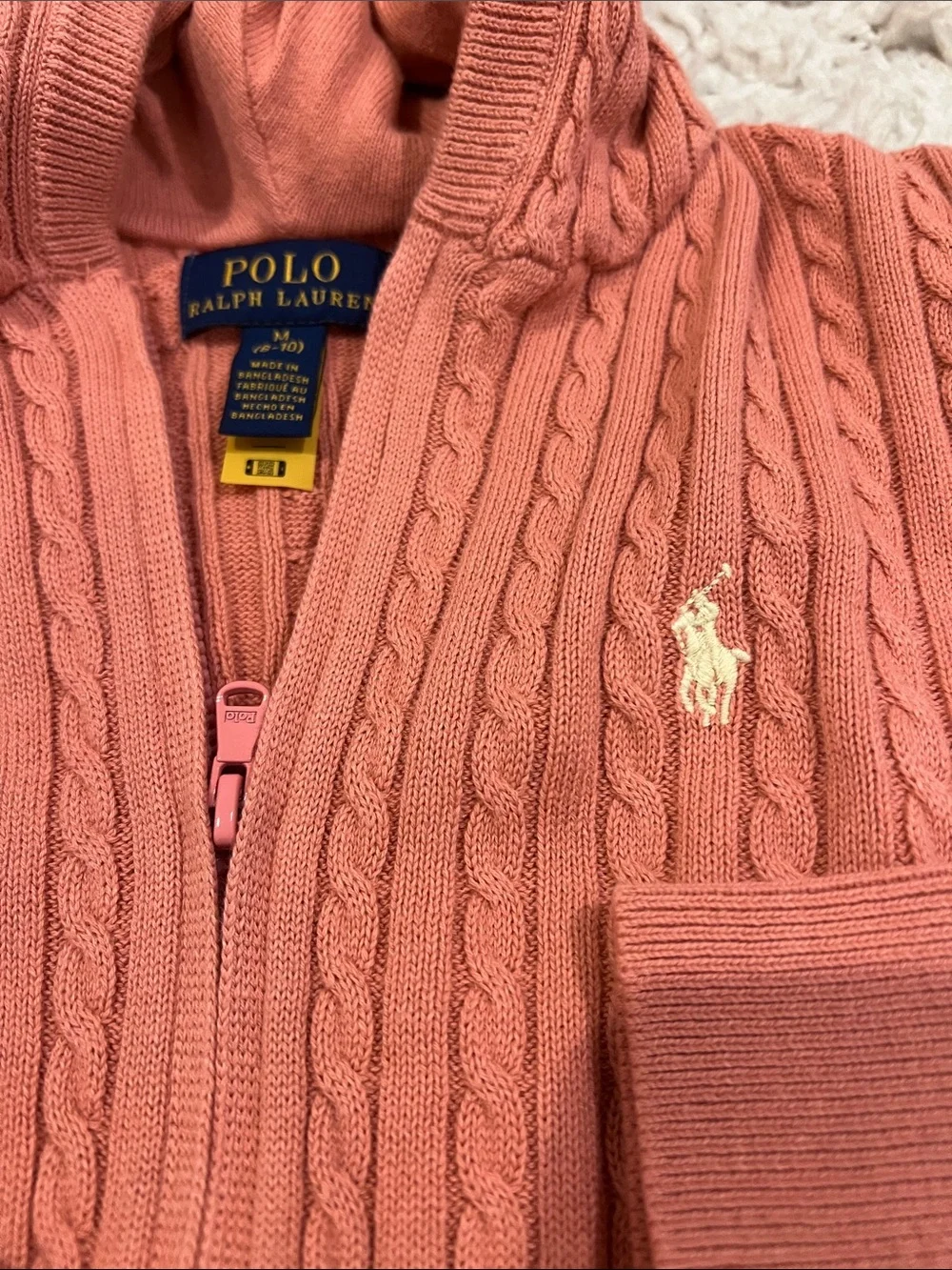 Ralph Lauren Cable-Knit Hooded Zip Sweater - Coral